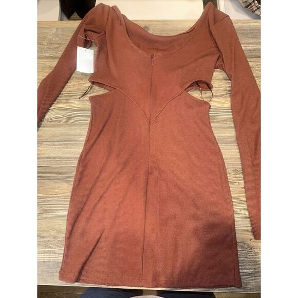 Open Edit Ribbed Cutout Mini Dress Size Small Long Sleeve Women Brown Chino. 7 - Picture 6 of 8